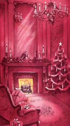 a drawing of a living room with a christmas tree in the corner and a fire place