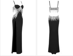 two dresses with fringes on them, one in black and the other in white