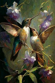 a painting of two hummingbirds feeding on flowers