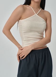 Unbalanced Top IF314 Stretch Sleeveless Halter Top With Built-in Bra, High Stretch Summer Camisole, Fitted Beige Halter Neck Tank Top, Beige Fitted Halter Neck Tank Top, Summer Stretch Halter Neck Camisole, Stretch Sleeveless Halter Top, Fitted Solid Strappy Halter Top, Fitted Strappy Solid Halter Top, Stretch Beige Tank Crop Top