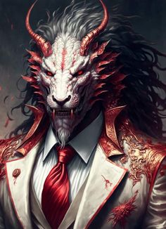 a demon with long hair wearing a red tie and white coat, standing in front of a dark background