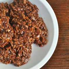 chocolate no bake cookies on a white plate sitting on a wooden table with text overlay