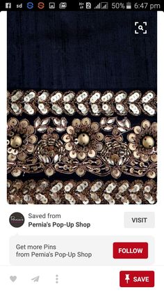 a black background with gold and white beaded trimmings on the edge of a piece of cloth