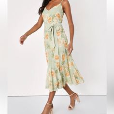 Size; Medium Never Worn, New With Tags. Adjustable Straps, Strap For Around Waist Attached Beautiful Dress, Bought For A Wedding And Never Ended Up Needing It. (Sold Out In Every Size Online, Waitlisted On Lulu Website) . Size M Measures Approximately 40.5" From Adjustable Straps To Hem. Green Chiffon Midi Dress With Floral Print, Green Floral Print Chiffon Dress For Garden Party, Dresses Sage Green, White Satin Dress, White Floral Midi Dress, Sage Green Floral, Black Lace Midi Dress, Patterned Midi Dress, Chiffon Midi Dress