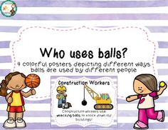 an image of two children playing with ball and construction worker's work on striped background