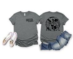 Show off your love for Soccer and your favorite players with this personalized Soccer tshirt. The front has a pocket sized Soccer mom design and the back is personalized with a silhouette and your players names and numbers, making this a one of kind shirt. This unisex t-shirt is made from high-quality materials, ensuring a comfortable fit that's perfect for both on and off the field. It's available in several colors and sizes **Ships in within 3-7 business days** Every tee is handmade to order w Soccer Shirts Designs For Parents, Soccer Tshirt Designs, Soccer Tshirt, Soccer Mom Gifts, Soccer Mom Shirt, Mom Design, Soccer Shirt, Soccer Mom, Soccer Shirts