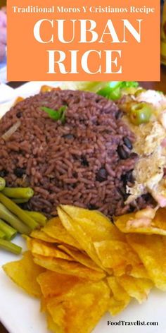 a plate with rice, beans and asparagus on it that says traditional mexican cuisine cuban rice