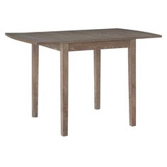 a wooden table with two legs and a square shaped dining table in the middle, against a white background