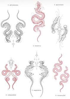 the different types of dragon tattoo designs on white paper with red ink and black ink