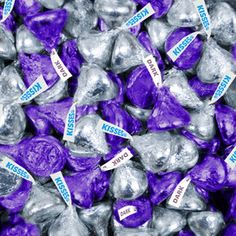 purple and silver candies with labels on them