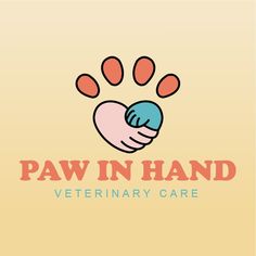 the paw in hand veterinary care logo is shown on a beige background with red and blue colors