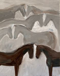 an abstract painting of two horses in front of snow covered mountains with brown and white colors