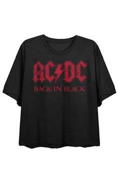 Online only! You're back in black with this cute black cropped tee! This fun crop top features colorful original artwork inspired by your favorite band, ACDC! This comfy tee is made of high-quality, premium cotton materials, and is professionally printed to ensure long-lasting color and print quality. It can be machine washed in cold water with like colors, and tumble dried on low for easy and convenient care. The ACDC Back in Black Women's Black Cropped Tee is an officially licensed product, ma Black Crop Tee, Band Outfits, Back In Black, Black Graphic Tees, Cropped T Shirt, Top Graphic Tees, Cropped Tee, Band Shirts, Crop Tshirt