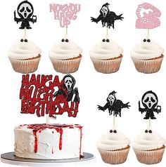 halloween cupcakes with candles and decorations for a happy birthday cake topper set