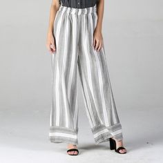 Striped Wide Leg Pants Border Hem Cool, Breathable Pants Silver Wide Leg Bottoms For Summer, Gray High-waisted Wide Leg Summer Pants, Gray High-waisted Wide Leg Pants For Summer, Casual Silver Wide Leg Bottoms, Gray Bottoms For Summer, Gray Straight Pants For Summer, Gray Summer Trousers, Summer Gray Trousers, Gray Summer Pants With Elastic Waistband