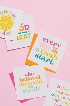 four cards that say every day is a fresh start and have lemon slices on them