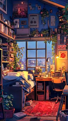 the room is filled with plants and books