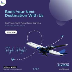 an airplane flying through the air with text reading book your next destination with us get your flight ticket from lamita