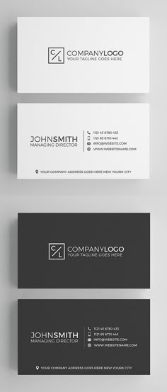 three different business cards with the same logo on each card, one is black and white