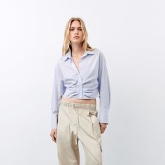 Brand New Zara Gathered Poplin Shirt! Color: Blue/White Strip Size: S White Poplin Shirt For Spring, White Casual Poplin Blouse, Blue Poplin Tops For Work, Blue Poplin Tops For Workwear, Spring Collared Poplin Top, Spring Blue Poplin Shirt, Casual White Poplin Tops, Casual Poplin Tops For Office, Chic Spring Poplin Shirt