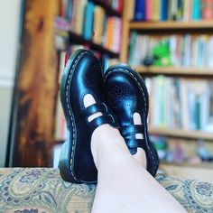 JOURNEYS |  Dr. Martens Mary Jane Casual Shoe -- photo credit: shoelessjess Black Leather Shoes With Perforations, Heels Work Outfit, Jordan High Heels, High Heels Classy, Trending Womens Shoes, Shoes Photo, Womens Shoes High Heels, Shoes With Jeans, Footwear Design Women