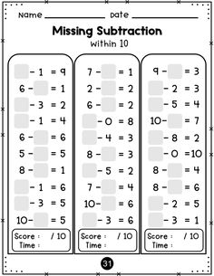 the missing subtraction worksheet for students to practice addition and subtraction