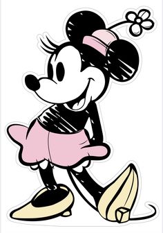 a minnie mouse sticker is shown in black and white with a pink dress on