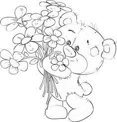 a teddy bear holding flowers in its paws