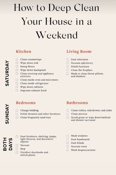 a house cleaning checklist with the words how to deep clean your house in a weekend