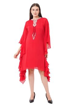 Red kaftan with placed crystal sequin embellishments and tassels. - Aza Fashions Elegant Red Kaftan For Evening, Party Red Embellished Kaftan, Elegant Embellished Red Kaftan, Designer Georgette Dresses With Tassels, Glamorous Embellished Kaftan For Festive Occasions, Elegant Red Designer Kaftan, Elegant Red Designer Wear Kaftan, Tassel Dress For Eid Party, Party Dress With Tassels For Eid