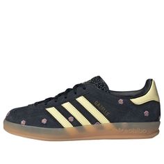 (WMNS) adidas Gazelle Indoor 'Black Almost Yellow Floral' IF4490 Black Boost Midsole Sneakers For Spring, Black Sneakers With Boost Midsole For Spring, Spring Black Sneakers With Boost Midsole, Black Athleisure Sneakers With Gum Sole, Black Adidas Sneakers For Spring, Black Adidas Sneakers With Logo For Spring, Limited Edition Sneakers, Adidas Spezial, Yellow Outfit