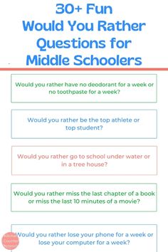 a poster with the words 30 fun questions for middle schoolers