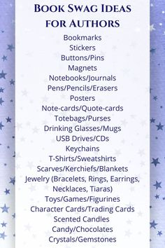 the book swag ideas for authors list is shown in blue and white with stars