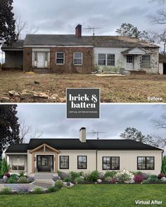 before and after pictures of a brick and baton home in the middle of a field