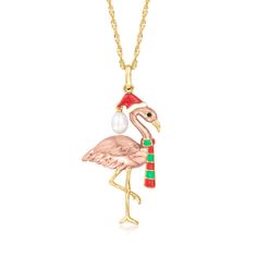 Ross-Simons - 5-5.5mm Cultured Pearl, Multicolored Enamel Christmas Flamingo Pendant Necklace Over. An RS exclusive. Transport yourself to a warmer climate this holiday season with our Christmas flamingo pendant necklace! The tropical bird is dressed in a festive striped scarf with a 5-5.5mm cultured freshwater pearl, and shines in 18kt yellow and rose gold over sterling silver with red, green and black enamel details. Suspends from a Singapore chain that adjusts from 24" to choker length. Lobster clasp, enamel and white pearl flamingo pendant necklace. Pearl birthstones are the perfect gift for June birthdays. Flamingo Pendant, Christmas Flamingo, Florida Christmas, Hawaiian Christmas, Pearl Birthstone, Flamingo Christmas, Tropical Bird, Striped Scarf, Precious Gemstones Jewelry