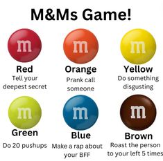 an image of m & ms game with the words in different colors and letters on it