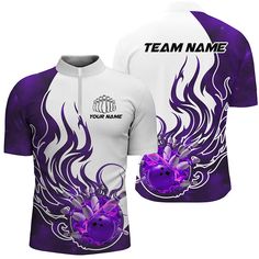 a purple and white shirt with flames on it