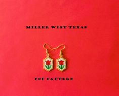 a pair of beaded earrings with the words miller west texas on each earring