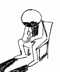 a black and white drawing of a person sitting in a chair with an object on his head