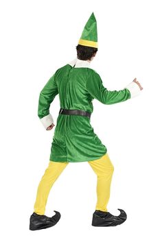 a man in a green and yellow costume is standing with his hands out to the side