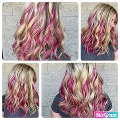 Bright Pink And Blonde Hair, Pink Pikaboo Highlights, Pink Higliths Hair, Pink Accent Hair Color, Vivid Highlights Blondes, Hot Pink Peekaboo Highlights, Peek A Boo Pink Highlights, Strawberry Blonde Hair With Pink Streaks, Blonde Balayage With Pink Highlights