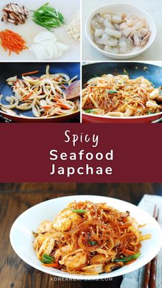 some food that is in a bowl on a table and the words spicy seafood jappchae are above it