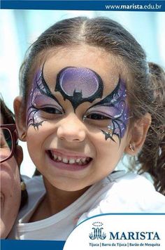 Bat Make Up For Kids, Bat Makeup Halloween Kids, Kids Bat Makeup, Bat Face Paint Kids, Halloween Bat Face Paint, Halloween Makeup Batgirl, Maquillaje Halloween Infantil, Batgirl Face Paint