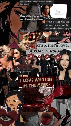 the collage has many different images and words on it, including women's faces