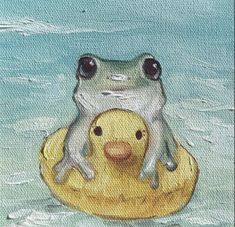 a painting of a frog sitting on top of a rubber ducky in the water