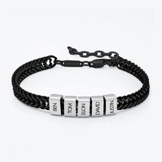 Engraved bracelet for men - Dan Black with Silver Beads. Each inscription add a bead to the bracelet. You can add more beads in the future. An exciting and amazing gift for your man! What's more exciting than a piece of jewelry engraved with the names of your treasures? A gift that combines style, quality and emotion! The bracelet is 100% waterproof, it will not have to be taken off in the gym/s/pool and shower. The highest quality of metal that is resistant to everything. The order in which you Personalized Black Beaded Bracelets For Father's Day, Black Engraved Wristband Bracelet, Black Engraved Bracelets For Everyday, Customizable Black Name Bracelet For Father's Day, Friendship Black Jewelry With Letter Beads, Black Jewelry With Letter Beads For Friendship, Personalized Black Name Bracelet, Black Bracelets With Letter Beads For Everyday, Customizable Black Beaded Bracelets