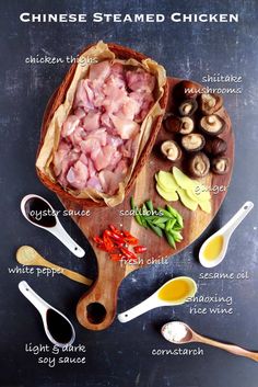 ingredients to make chinese steamed chicken on a cutting board with text overlay that says,