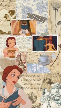 the princess and the frog collage with pictures on it's back side, including an image of snow white from beauty and the beast