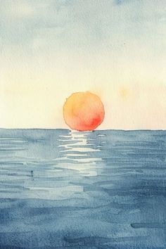 a watercolor painting of an orange floating in the middle of the ocean at sunset