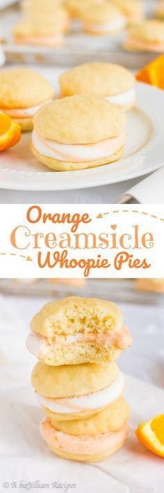 orange creamsice whoopie pies are stacked on top of each other